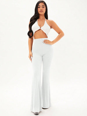 SHEIN Solid Rib Knit Flare Leg Pants - Negative Apparel