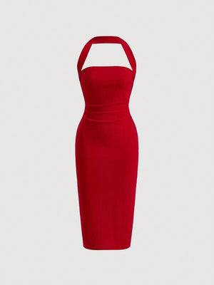 SHEIN Solid Ruched Halter Neck Backless Dress - Negative Apparel