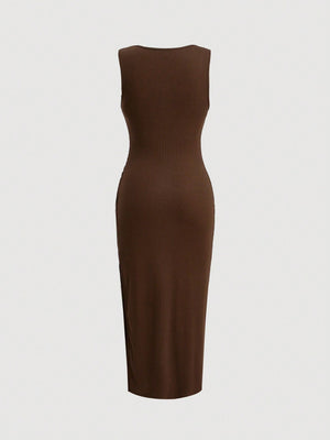 SHEIN Solid Ruched Ribbed Knit Dress - Negative Apparel