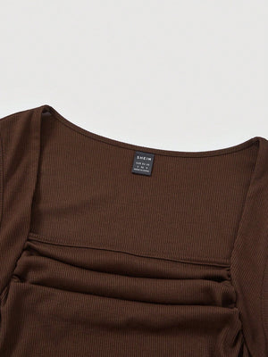 SHEIN Solid Ruched Ribbed Knit Dress - Negative Apparel