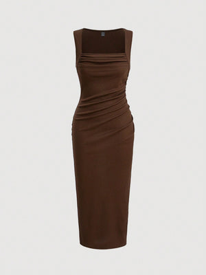 SHEIN Solid Ruched Ribbed Knit Dress - Negative Apparel