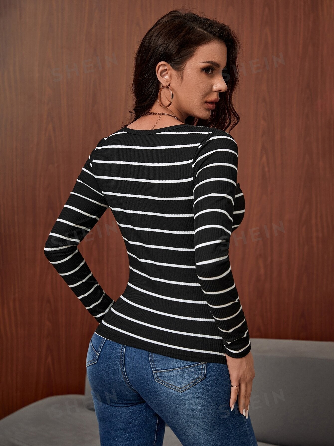 SHEIN Striped Print Half Button Tee - Negative Apparel