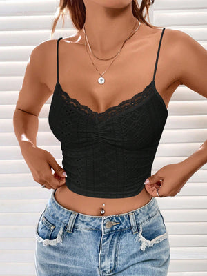SHEIN Summer Going Out Eyelet Embroidery Lace Trim Ruched Bust Cami Top - Negative Apparel