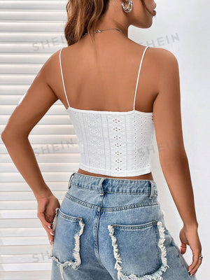 SHEIN Summer Going Out Eyelet Embroidery Lace Trim Ruched Bust Cami Top - Negative Apparel