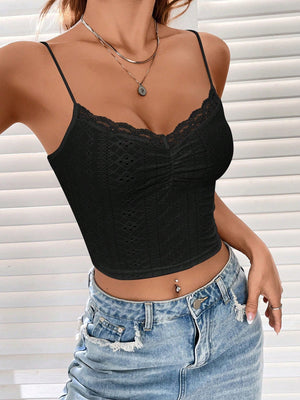 SHEIN Summer Going Out Eyelet Embroidery Lace Trim Ruched Bust Cami Top - Negative Apparel