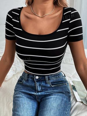 SHEIN Summer Scoop Neck Striped Crop Tee - Negative Apparel