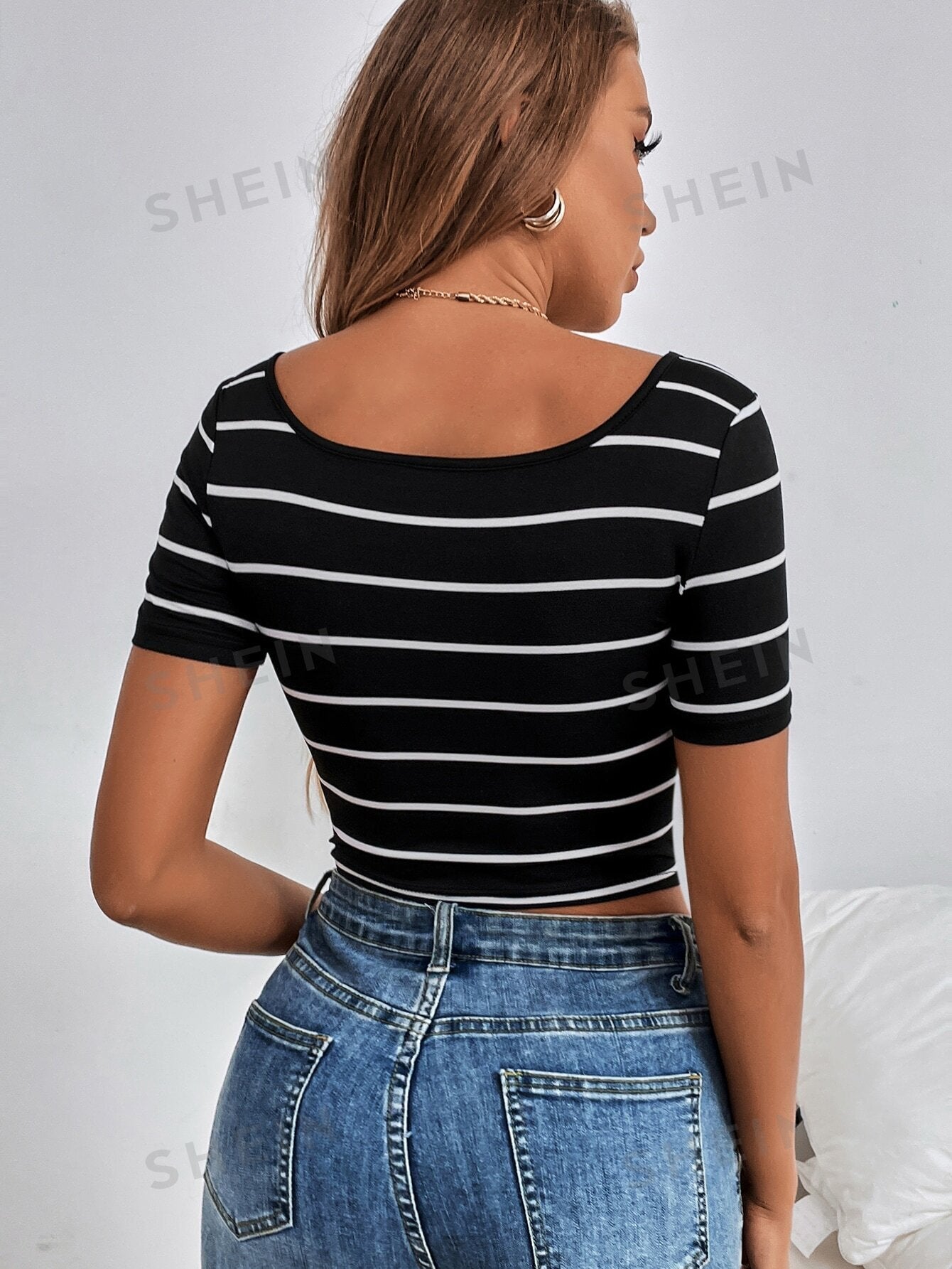 SHEIN Summer Scoop Neck Striped Crop Tee - Negative Apparel