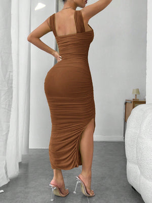 SHEIN SXY Solid Ruched Split Thigh Bodycon Dress - Negative Apparel