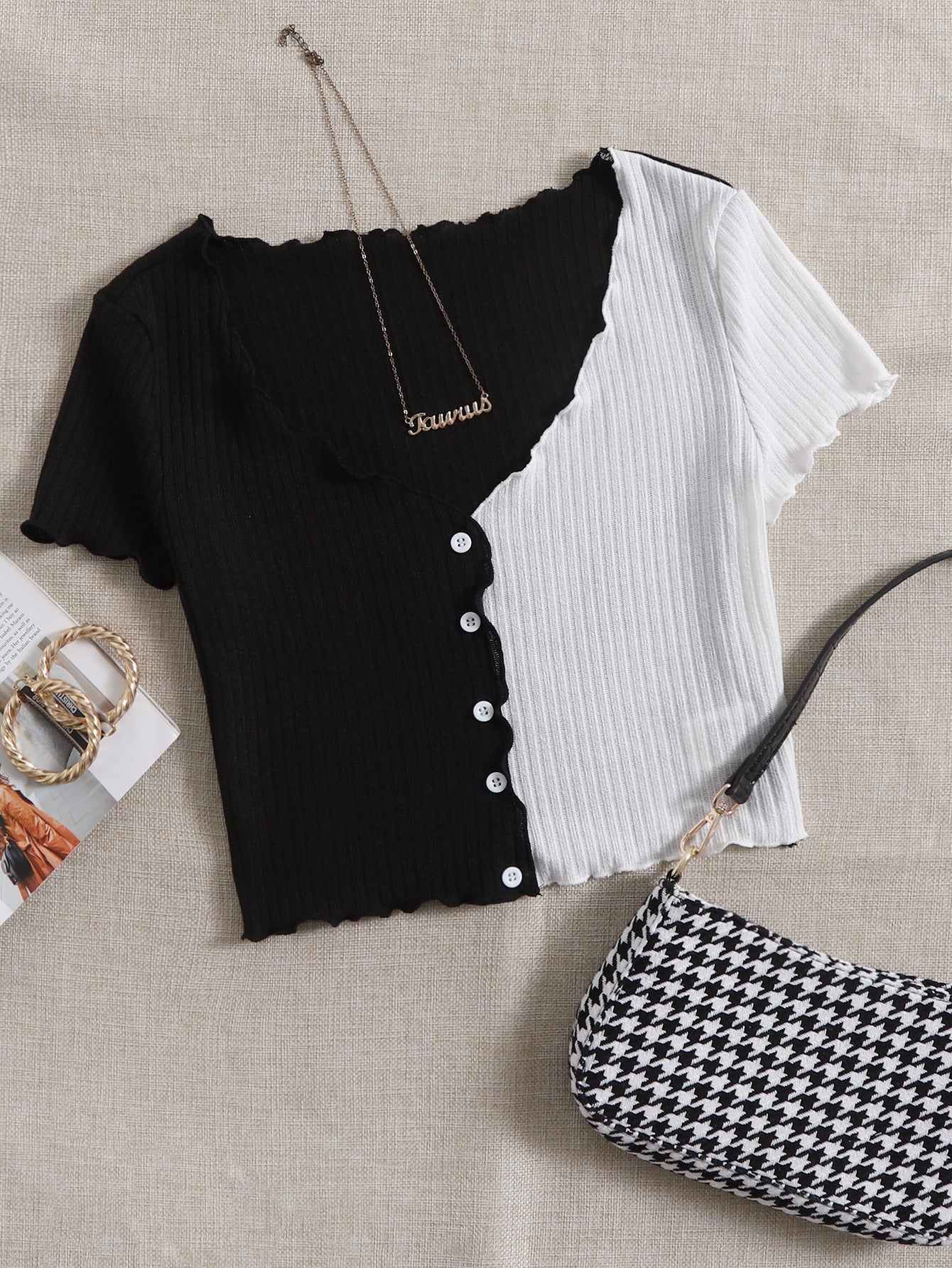 SHEIN Two Tone Lettuce Trim Tee - Negative Apparel