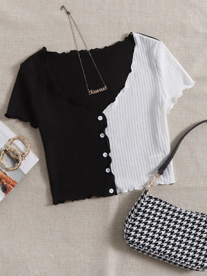 SHEIN Two Tone Lettuce Trim Tee - Negative Apparel