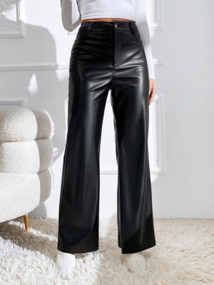 SHEIN Zipper Fly PU Flare Leg Pants - Negative Apparel