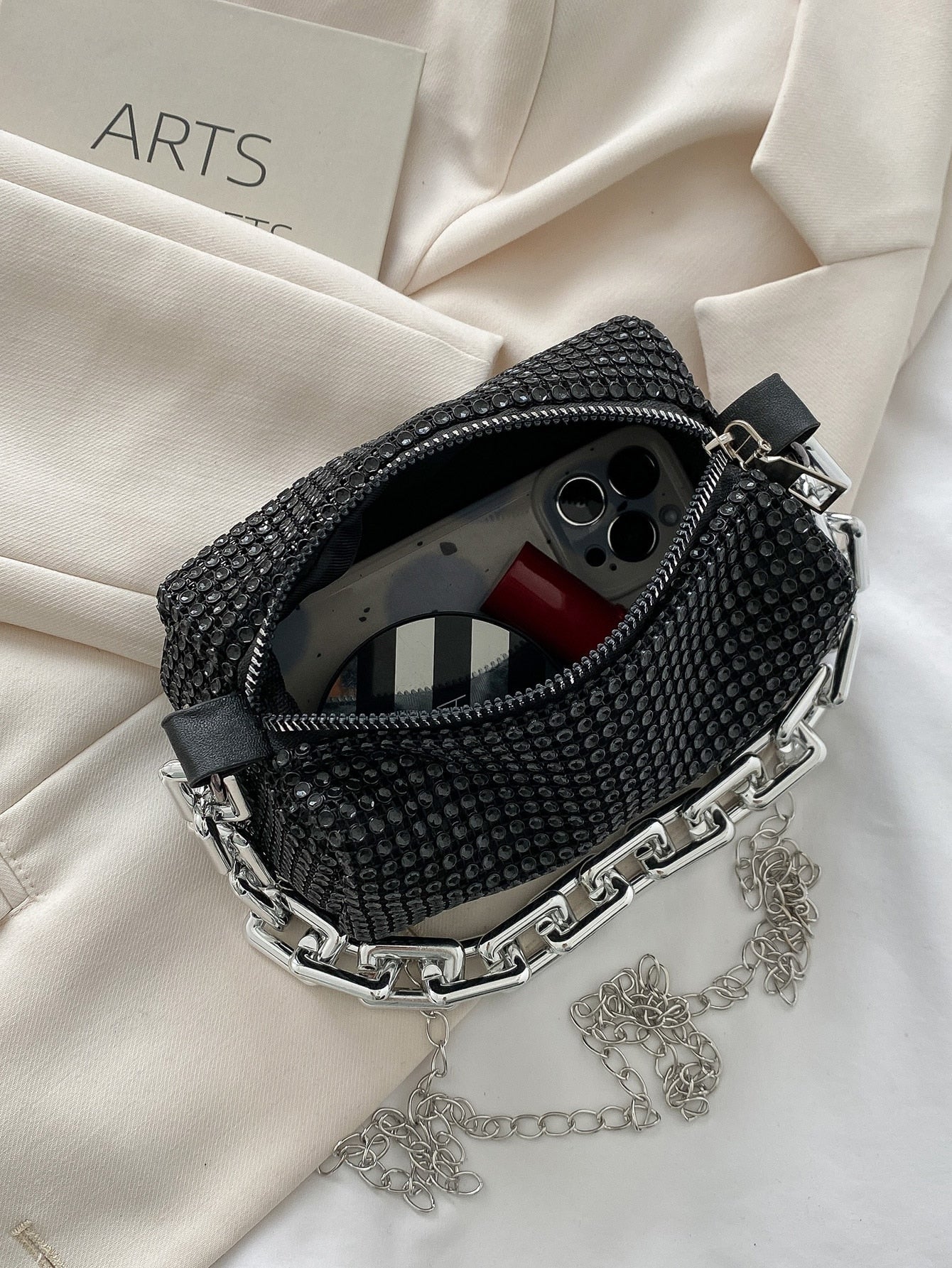 Shiny Mini Studded Decor Chain Bucket Bag Allover Rhinestone Zipper Handbag - Negative Apparel