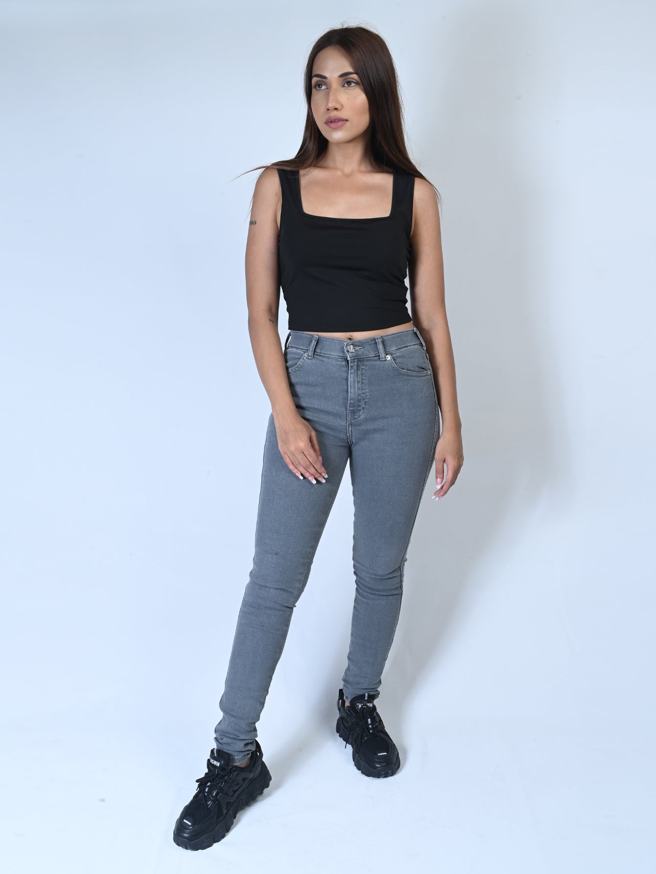 Slim High Ankle Jeans - Gris oscuro - MUJER