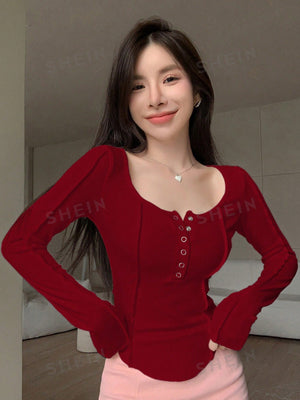 Solid Button Front Curved Hem Tee - Negative Apparel