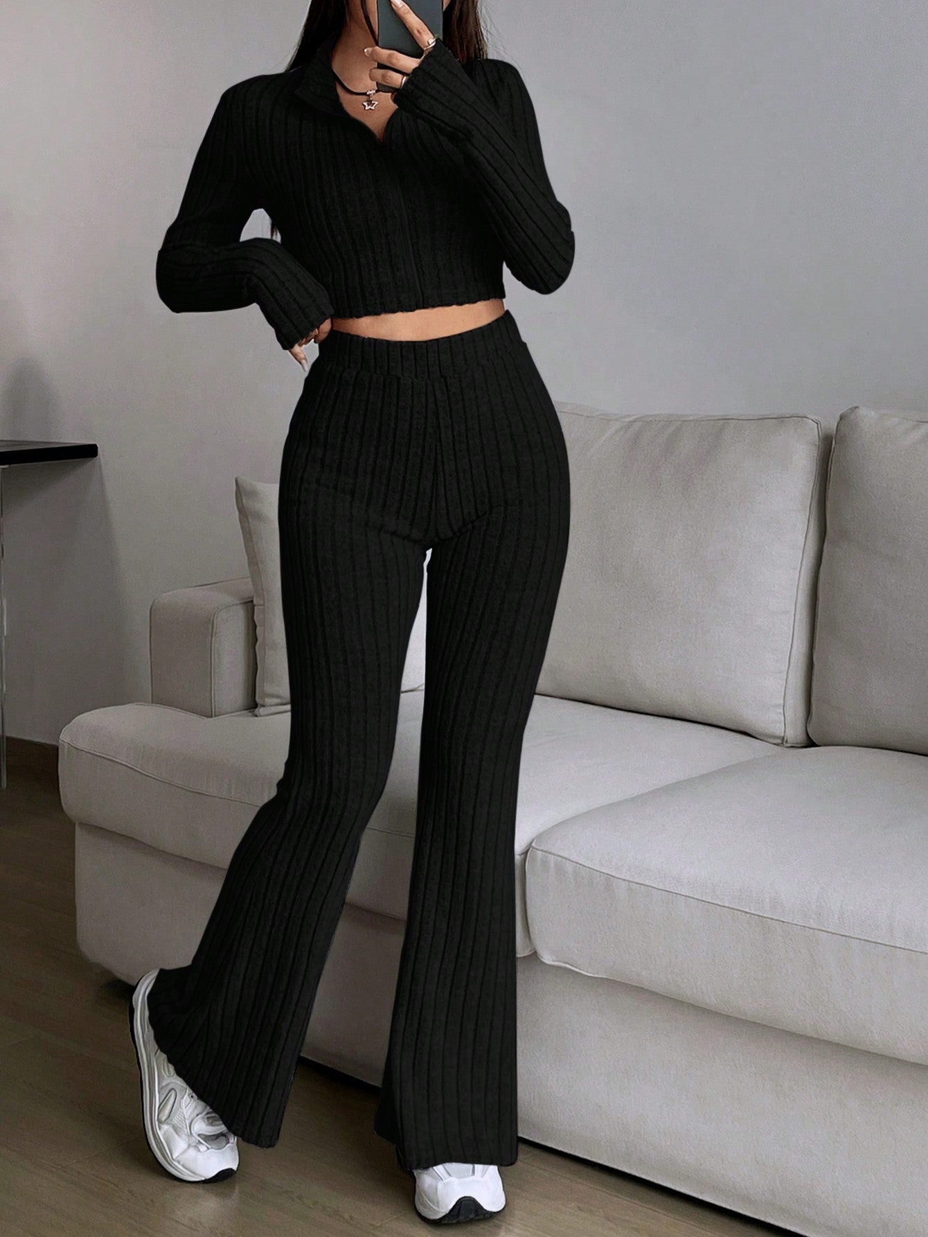Solid Crop Tee & Flare Leg Pants - Negative Apparel