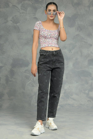 Star Pattern Mom Fit Jeans - Negative Apparel