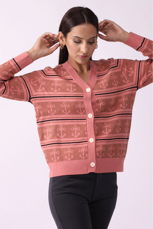 V Neck Anchor Pattern Buttoned Sweater - Negative Apparel