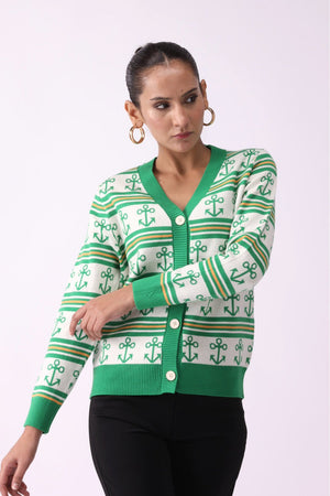 V Neck Anchor Pattern Buttoned Sweater - Negative Apparel