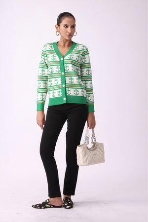 V Neck Anchor Pattern Buttoned Sweater - Negative Apparel