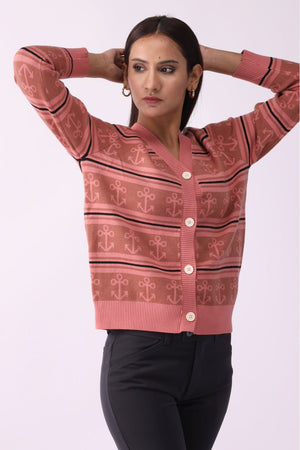 V Neck Anchor Pattern Buttoned Sweater - Negative Apparel