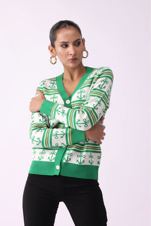 V Neck Anchor Pattern Buttoned Sweater - Negative Apparel