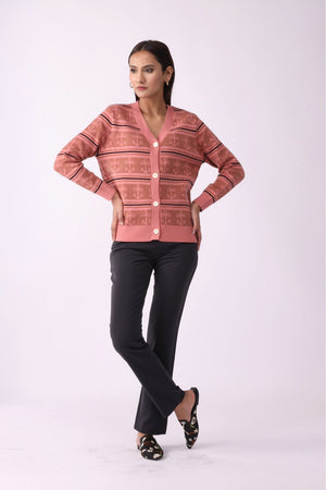 V Neck Anchor Pattern Buttoned Sweater - Negative Apparel