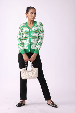 V Neck Anchor Pattern Buttoned Sweater - Negative Apparel