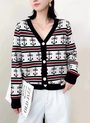 V Neck Anchor Pattern Buttoned Sweater - Negative Apparel
