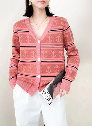 V Neck Anchor Pattern Buttoned Sweater - Negative Apparel