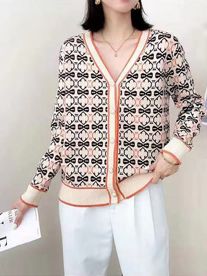 V-Neck Patterned Button-Up Cardigan - Negative Apparel
