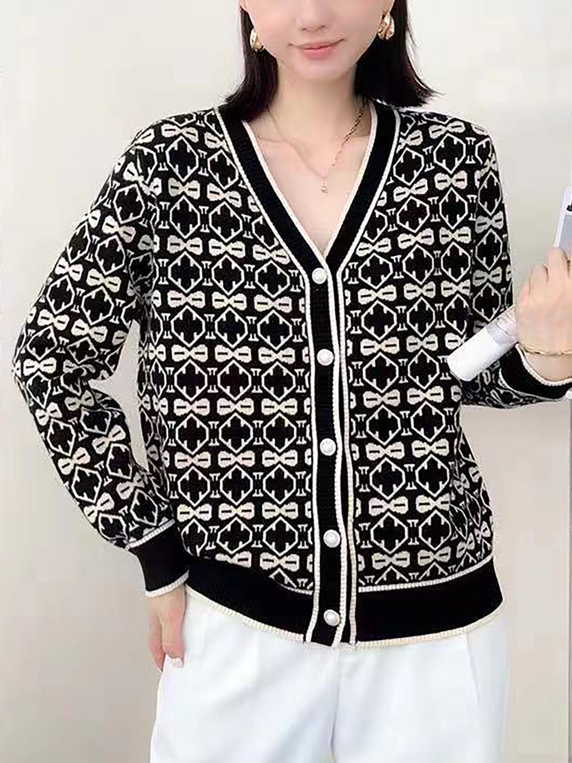V-Neck Patterned Button-Up Cardigan - Negative Apparel