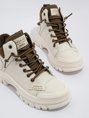 Women Patch Detail High Top Pu Lace-Up Front Chunky Sneakers - Negative Apparel