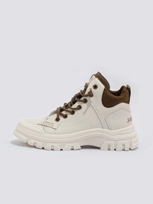 Women Patch Detail High Top Pu Lace-Up Front Chunky Sneakers - Negative Apparel