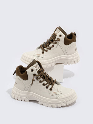 Women Patch Detail High Top Pu Lace-Up Front Chunky Sneakers - Negative Apparel