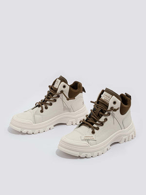 Women Patch Detail High Top Pu Lace-Up Front Chunky Sneakers - Negative Apparel