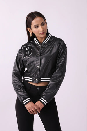 Women's Baseball High Waist Leather Jacket - Negative Apparel