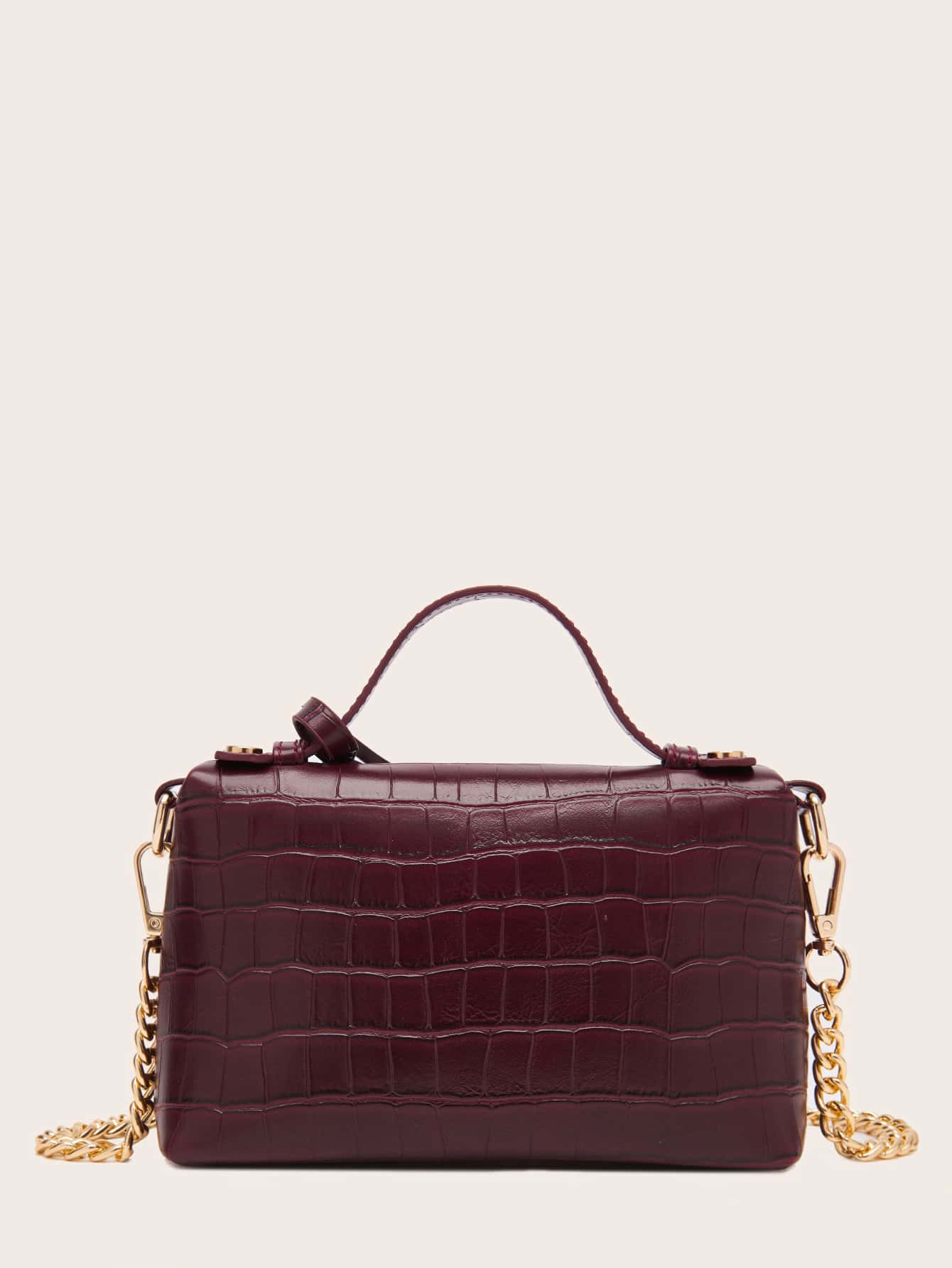 Zip Front Crocodile Embossed Satchel Bag With Bag Charm - Negative Apparel