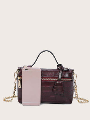 Zip Front Crocodile Embossed Satchel Bag With Bag Charm - Negative Apparel