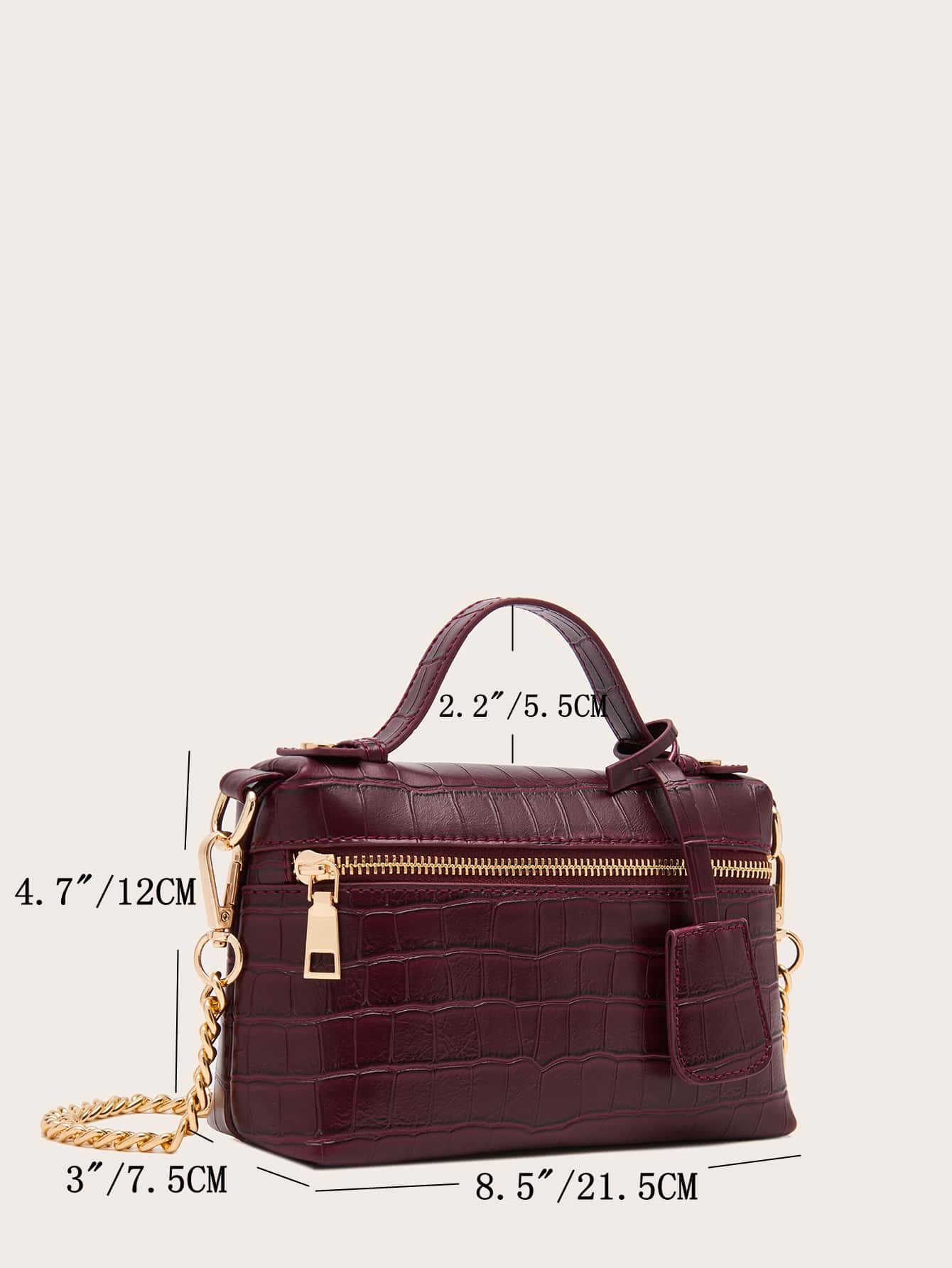 Zip Front Crocodile Embossed Satchel Bag With Bag Charm - Negative Apparel