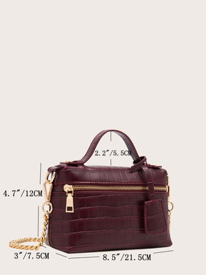 Zip Front Crocodile Embossed Satchel Bag With Bag Charm - Negative Apparel