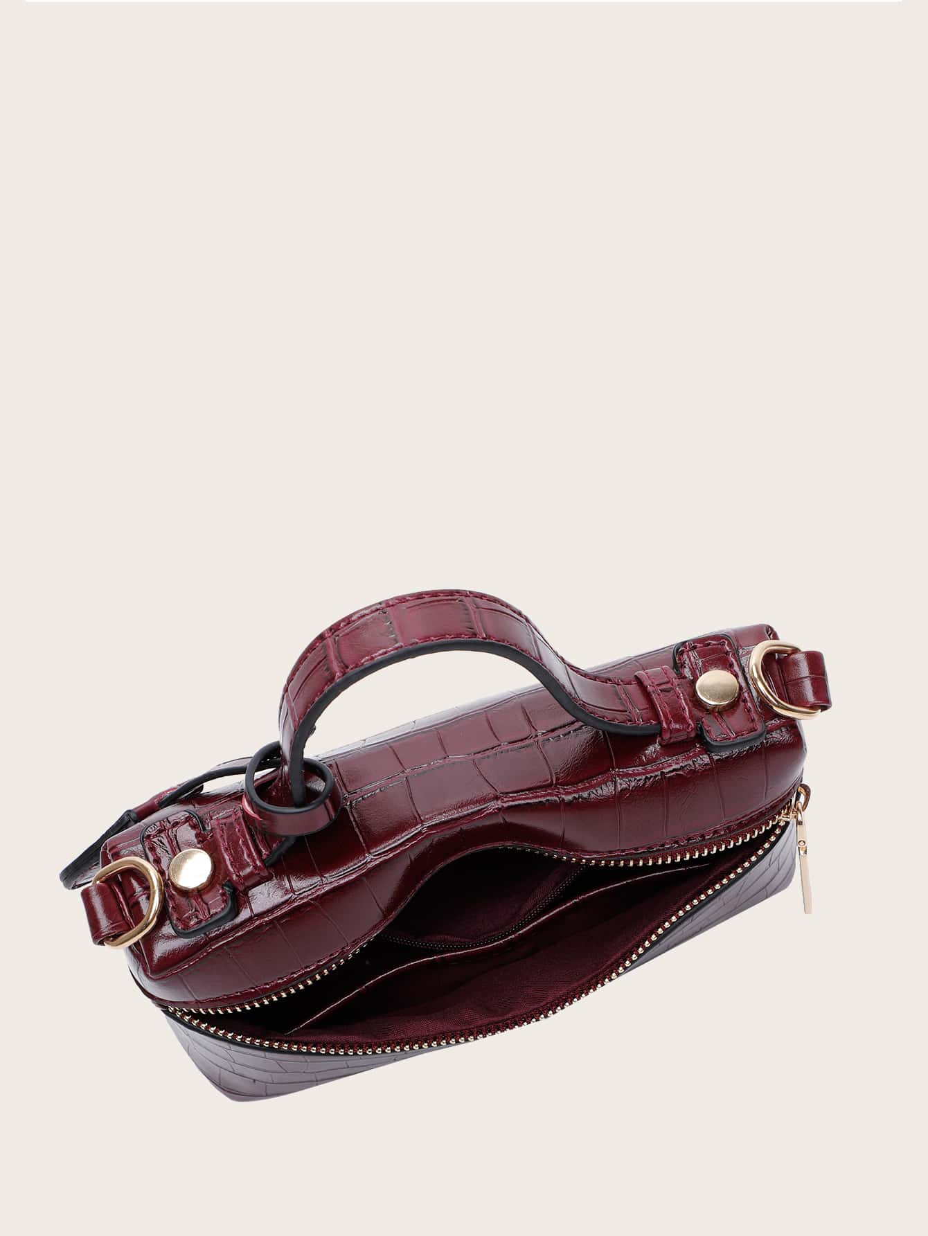 Zip Front Crocodile Embossed Satchel Bag With Bag Charm - Negative Apparel