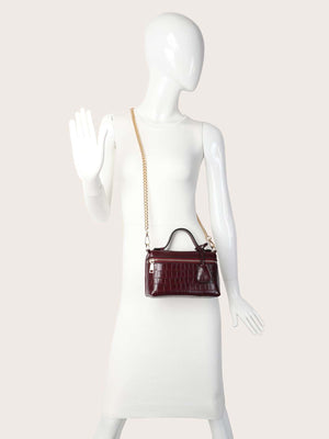 Zip Front Crocodile Embossed Satchel Bag With Bag Charm - Negative Apparel