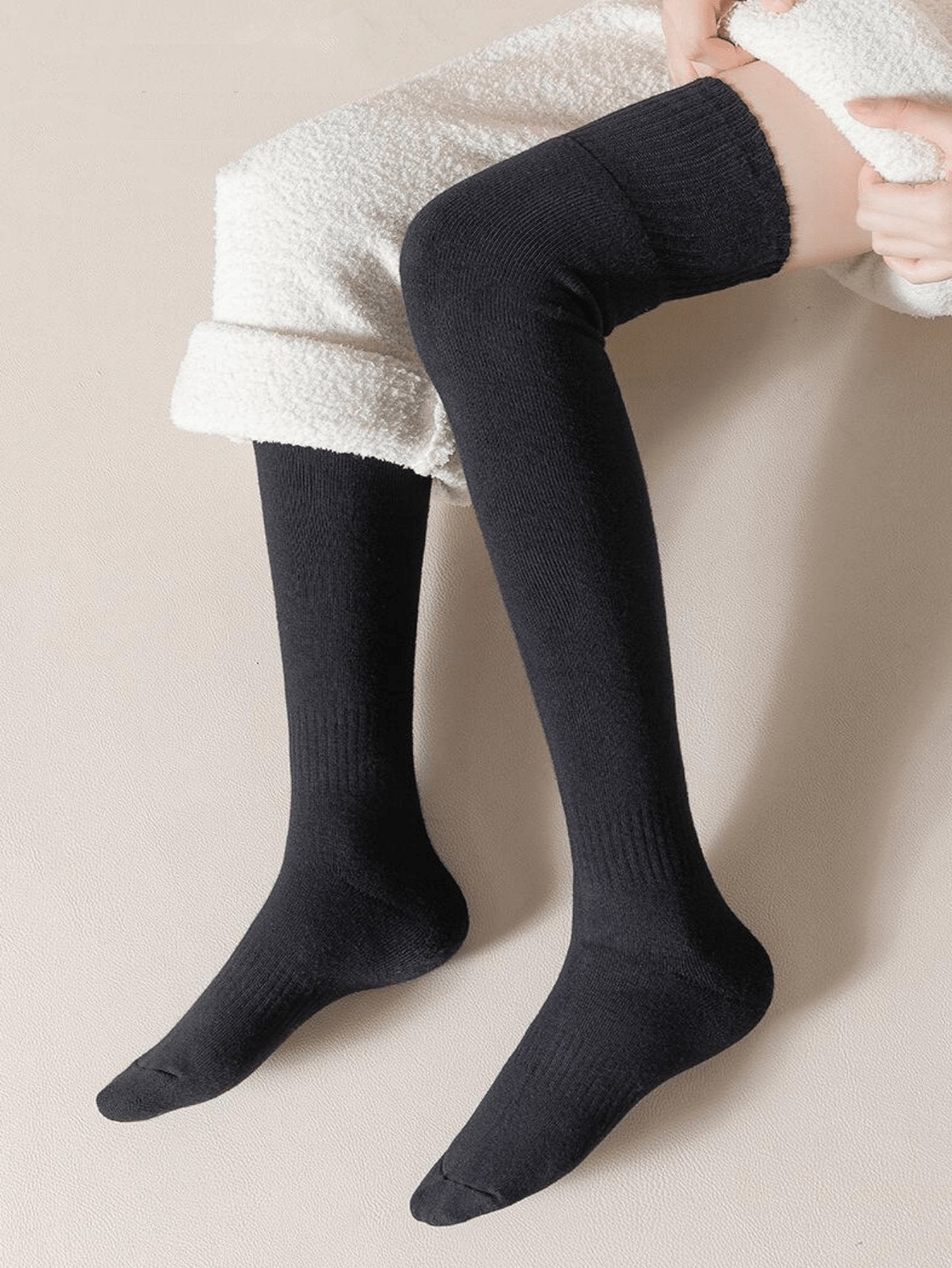 1 Pair Thick & Warm Fleece Lined Over - The - Knee Socks - Negative Apparel