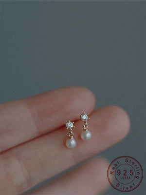 1 Pair Vintage S925 Sterling Silver Single Cubic Zirconia Pearl Drop Stud Earrings - Negative Apparel