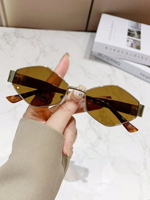 1 Pc Women Unisex Metal Frame Uv400 Ladies Sunglasses With Colored Lens, Trendy Polygonal Shades Fashion Glasses For Outdoor Activities,Carnival,Beach Accesorise - Negative Apparel