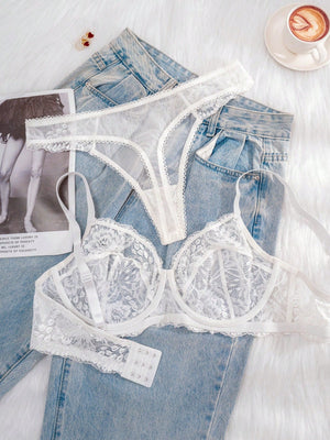 1 Set Women Plus Size White Lace Underwire Comfortable Sexy Bra & Panty Lingerie Set - Negative Apparel