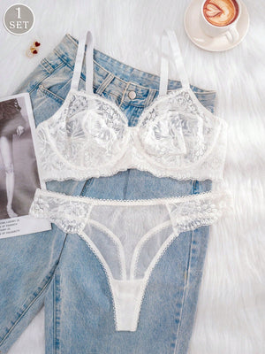 1 Set Women Plus Size White Lace Underwire Comfortable Sexy Bra & Panty Lingerie Set - Negative Apparel