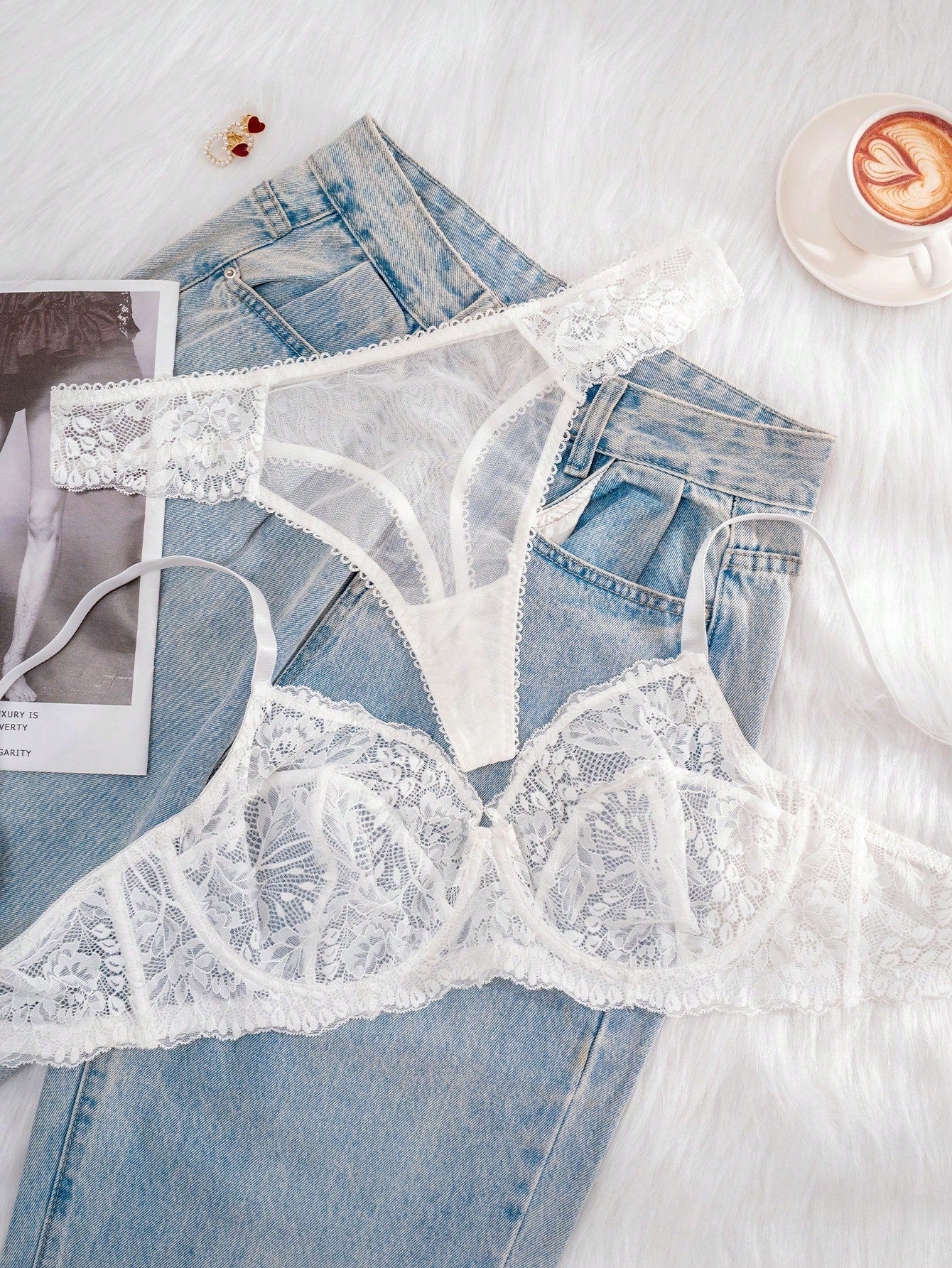 1 Set Women Plus Size White Lace Underwire Comfortable Sexy Bra & Panty Lingerie Set - Negative Apparel