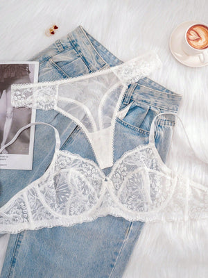 1 Set Women Plus Size White Lace Underwire Comfortable Sexy Bra & Panty Lingerie Set - Negative Apparel