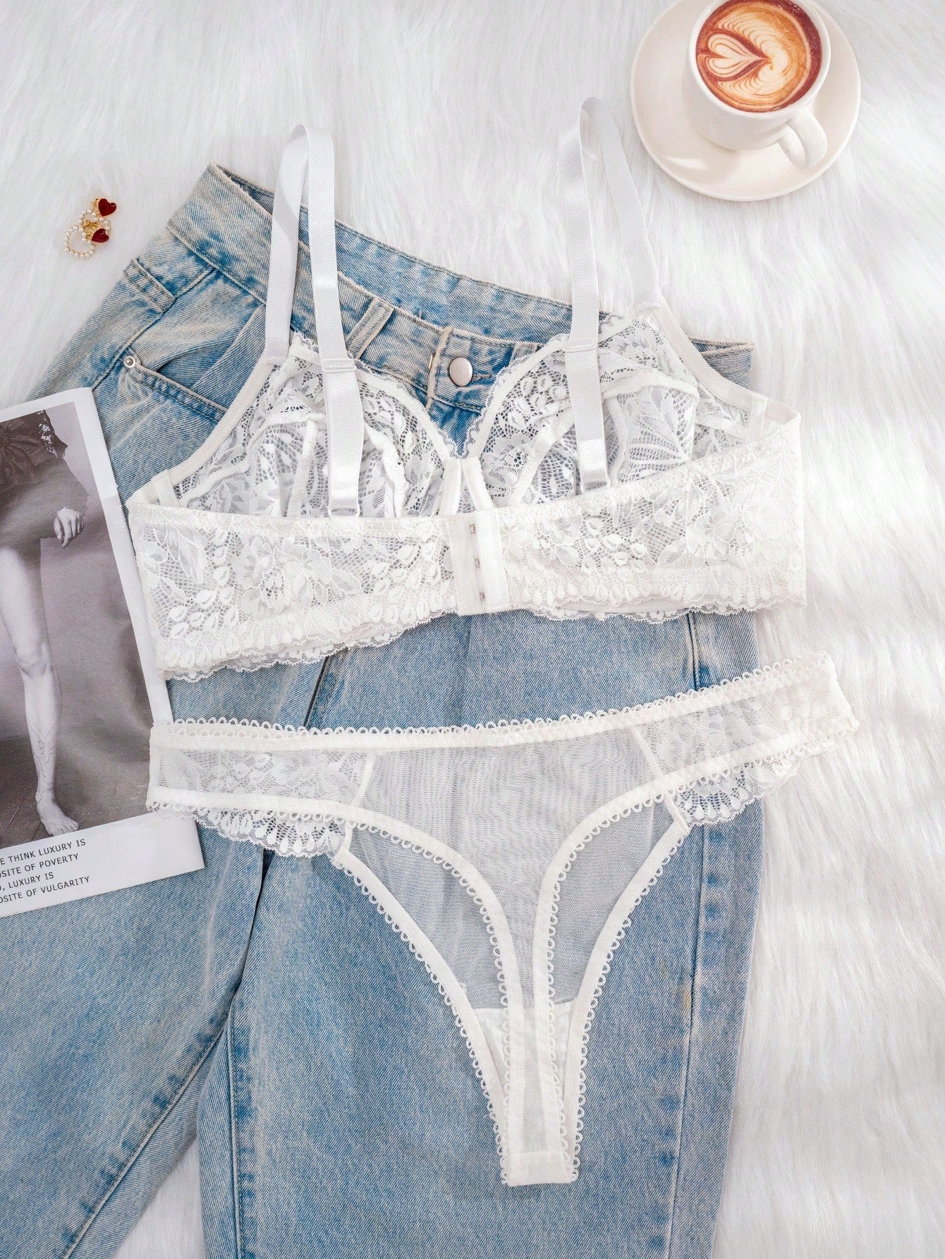 1 Set Women Plus Size White Lace Underwire Comfortable Sexy Bra & Panty Lingerie Set - Negative Apparel